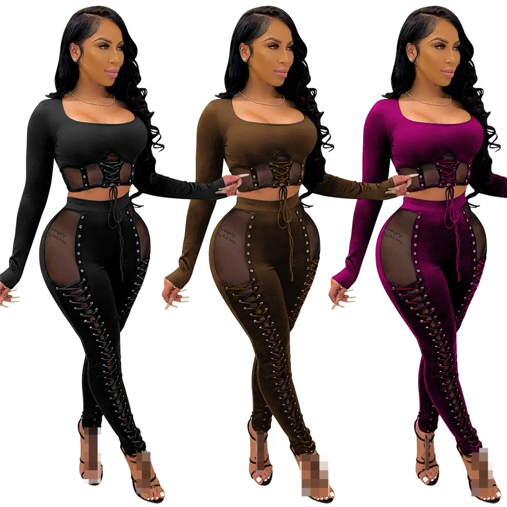 

Ladies autumn and winter velvet suit lapel long-sleeved tight-fitting short top with high-waist tie-up trousers party set