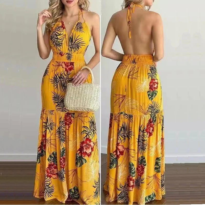 

Women Summer Sexy Backless Printed Dress Fashion V Neck High Waist Maxi Dress New Boho Dress Casual Vacation Beachwear