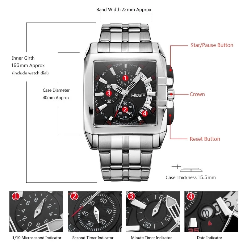 

MEGIR large dial steel belt men's watch sports outdoor men's watch square watch quartz watch waterproof