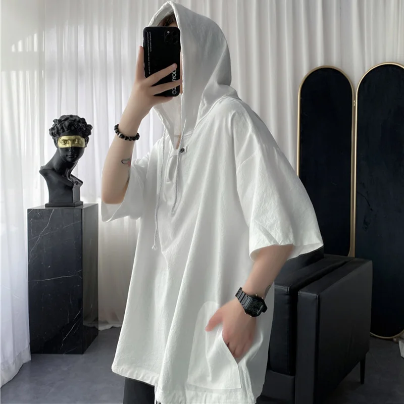 

Мужские летние толстовки с коротким рукавом, однотонные свободные хлопковые удобные дышащие пуловеры, Мужская модная куртка высокого каче...