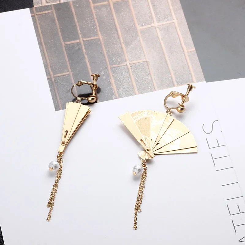 ЯПОНСКИЕ ВИНТАЖНЫЕ серьги клипсы с золотым металлическим веером цепочка