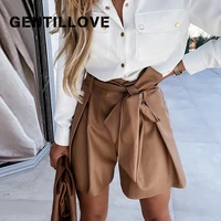 gentillove casual high waist sashes pu leather shorts woman elastic waist solid office daily short vintage harajuku short pants
