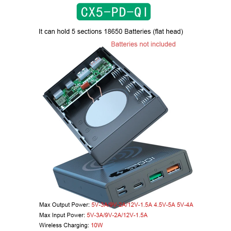 Корпус внешнего аккумулятора CX5 5x18650 с двумя USB-портами типа C |