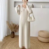 women casual autumn winter long hoodie knitted dress female loose long sleeved straight sweater vestidos robe vintage jumper