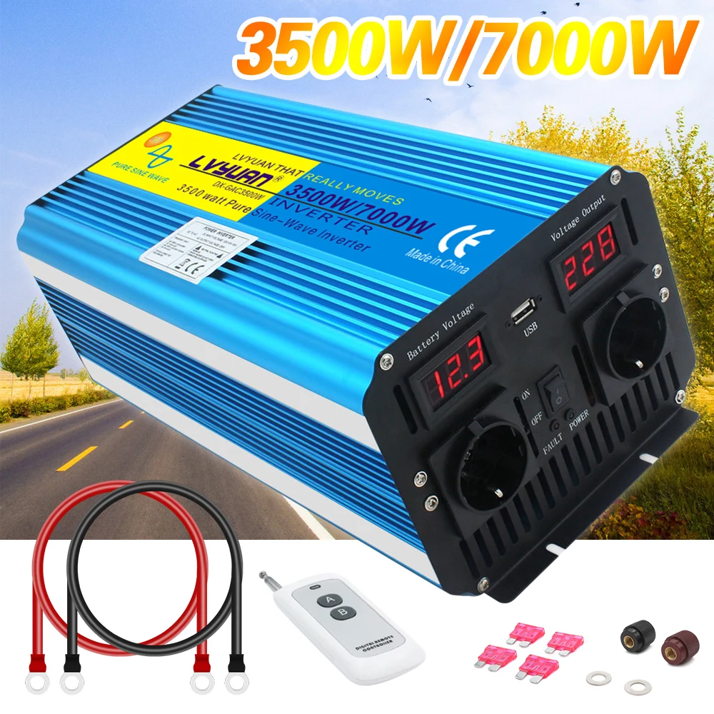 

Inverter 12v/ 24v 220v 7000w pure sine wave solar inverter Voltage transformer converter LED display usb charging dual socket