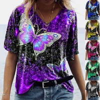 summer women v neck slim short sleeve tops temperament commuter butterfly print pullover all match lady t shirt