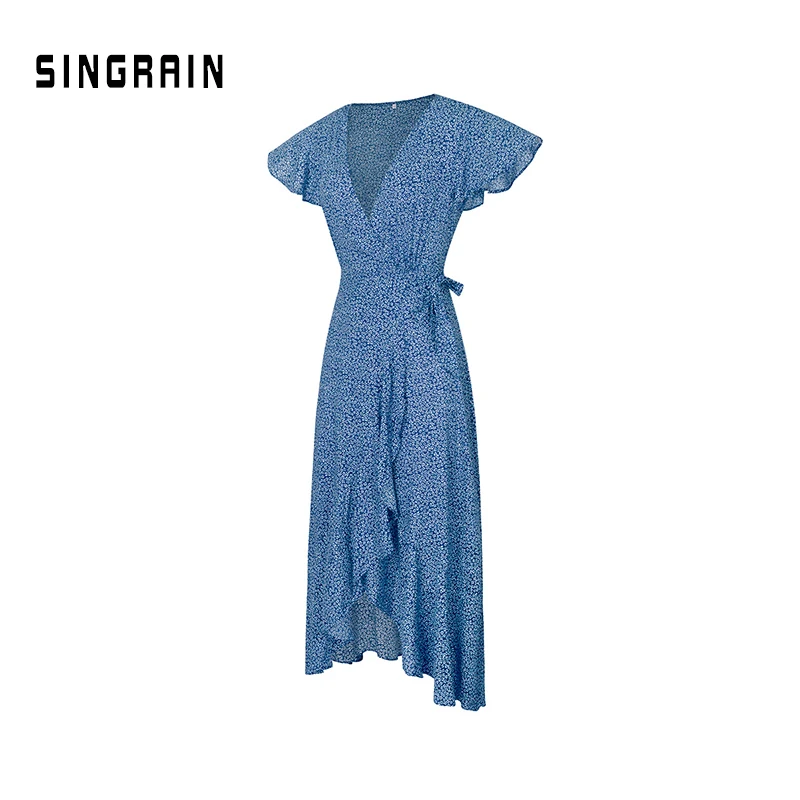 blue SINGRAIN длинное платье в горошек с запахом, женское богемное Платье с принтом Irregualr размера плюс, летнее праздничное Шифоновое Платье макси с оборками - Цвет: blue