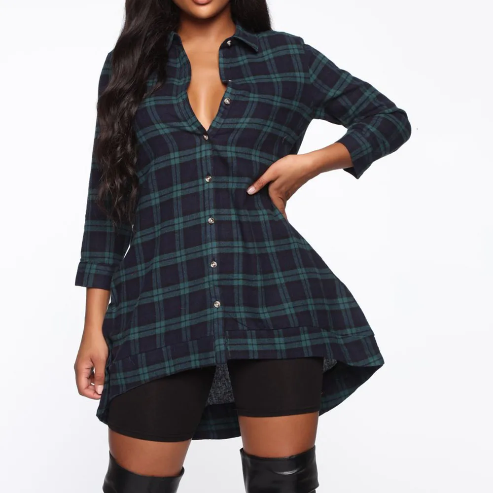 Повседневная Зеленая клетчатая блузка женские асимметричные топы большие