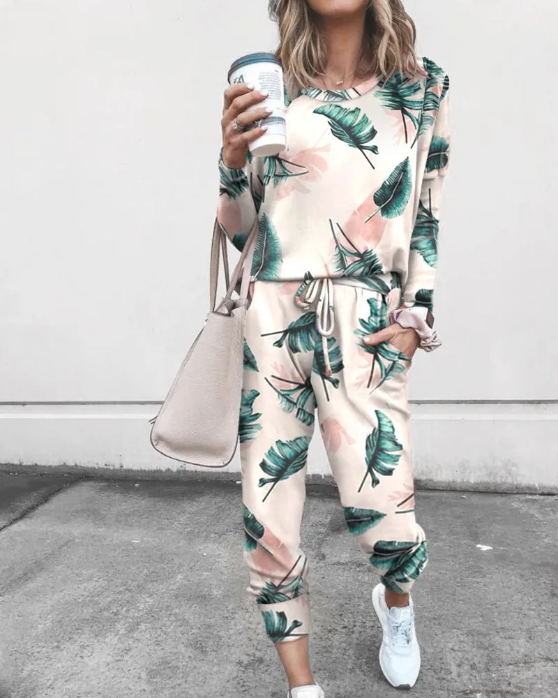 

Fall leaf print sweatsuits for women plus size two piece sets woman tshirts+Full pants matching sets 2 piece sets womens outfits