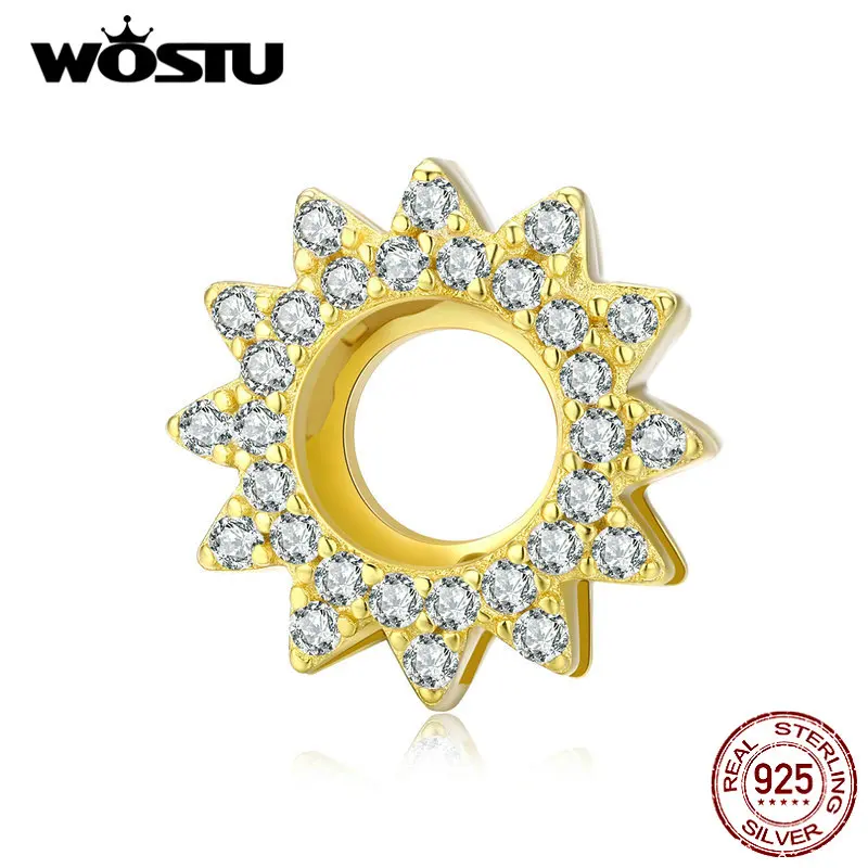 WOSTU 925 стерлингового серебра Подсолнух Солнечный бисер циркон золотой цвет Шарм
