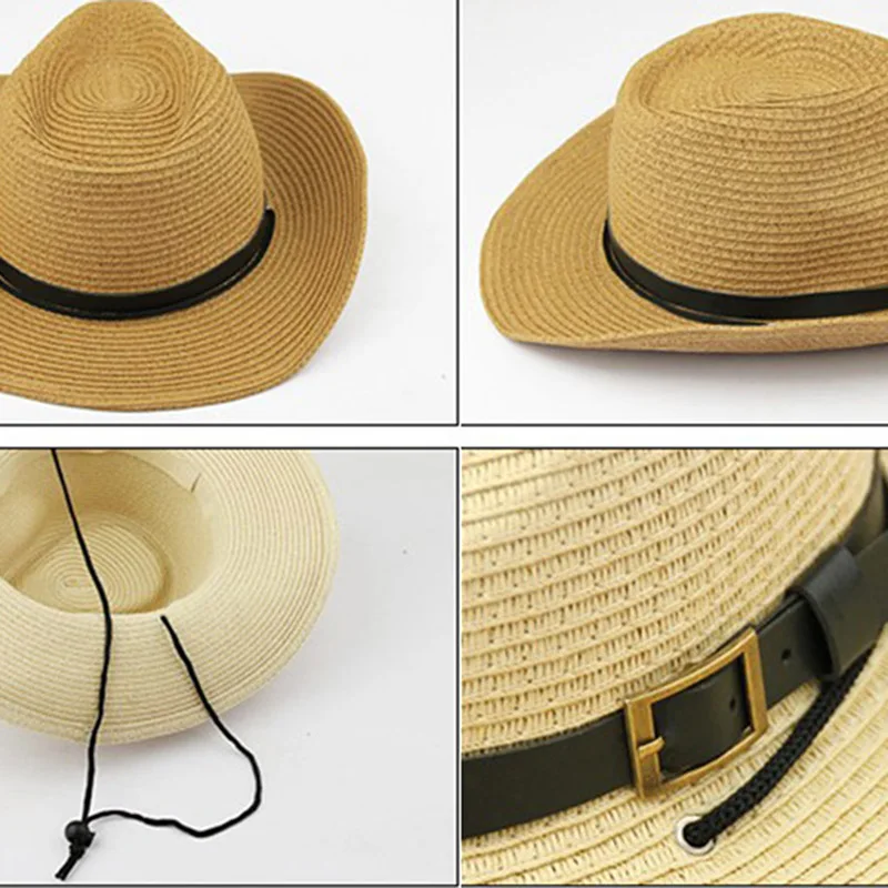 

Men Straw Cowboy Hat Sun Hat Folding Western Wide Curved Brim with Adjustable Chin Strap Hat for Summer Outdoor -OPK