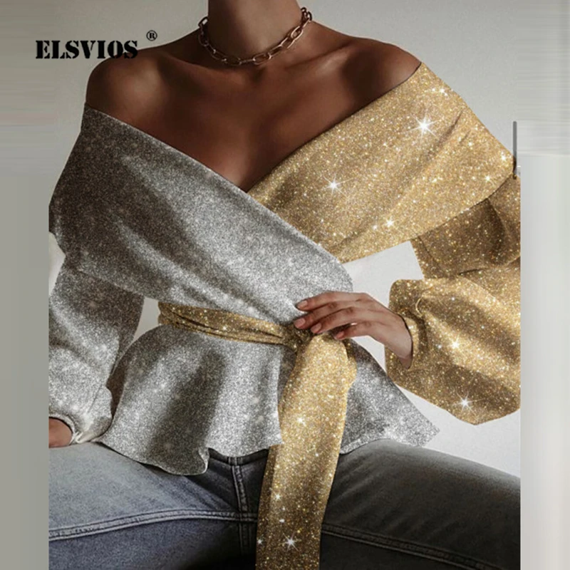 

Elegant Bronzing Lantern Sleeve Blouse Women Spring Sexy V-Neck Solid Color Contrast Shirt Office Lady Casual Lace-Up Slim Tops