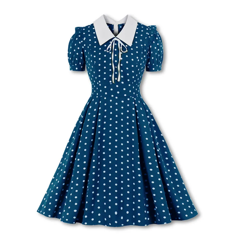 

2021 New Women's Short Sleeve A-line Summer Dress Polka Dot Vintage 1950s Retro Rockabilly Party Swing Knee Length Dresses