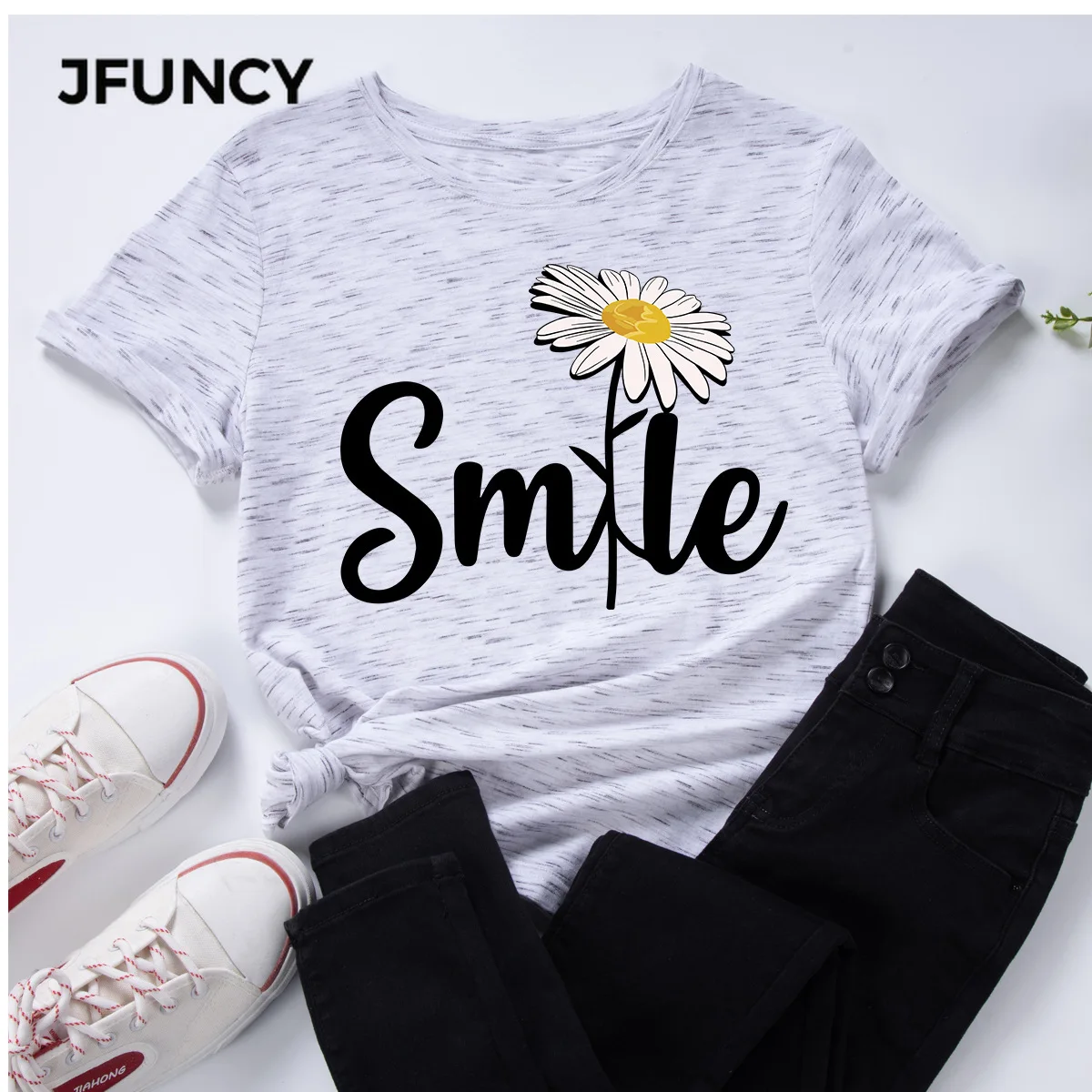 

JFUNCY Plus Size Woman Top Harajuku Graphic T Shirt Smile Print Female Clothes Mujer Camisetas Women's Oversized T-shirt