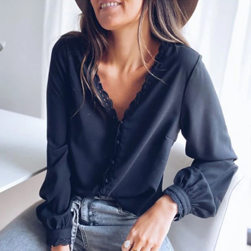 Женская кружевная блузка с V образным вырезом длинным рукавом|Рубашки| |