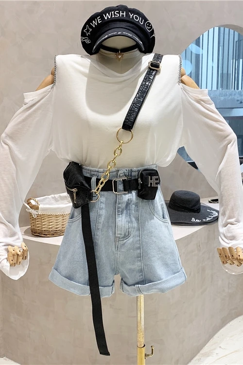 

Retro All-Matching High Waist Loose Denim Shorts for Female 2021 Summer New Fashion Solid Color Loose Belt Jeans Women's