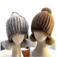 fashion women winter fur hat of real mink fur handmade knitted beanie with ear flap genuine fox fur ball