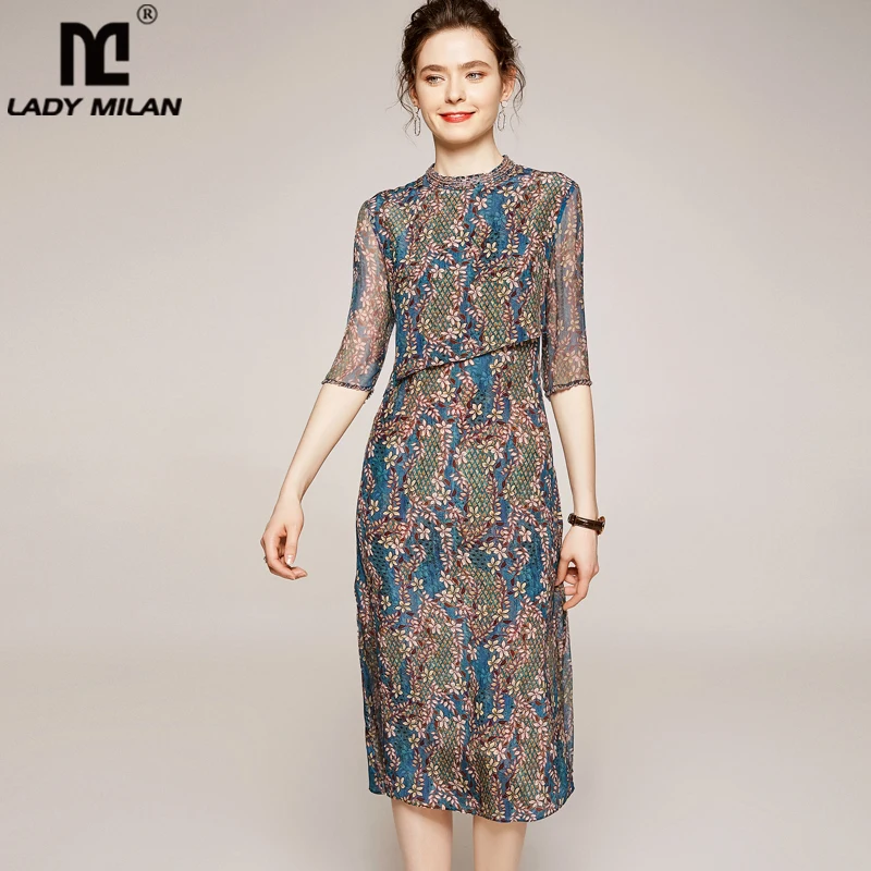 Женские модельные платья из 100% шелка модные летние с круглым вырезом и рукавом 3/4