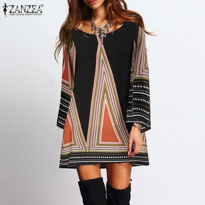 

2022 Women Casual Long Flare Sleeve Sundress ZANZEA Elegant Bohemian Print O Neck Dress Autumn Floral Holiday Beach Kaftan