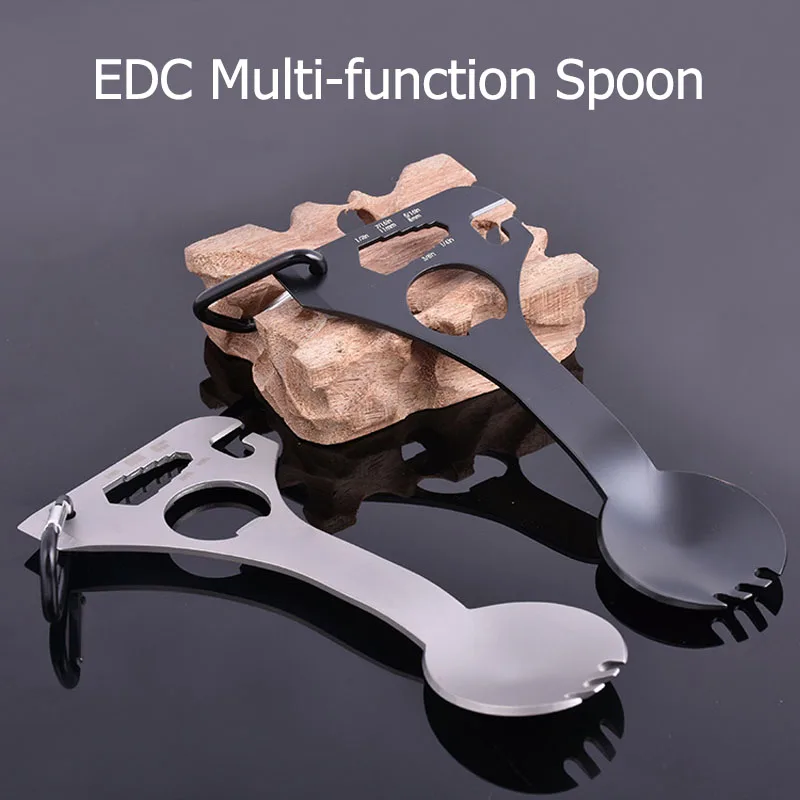 EDC Multifunctional Tableware Spoon Fork With Carabiner Camping Picnic Emergency Can Bottle Opener Wrench Travel Survival Tools |