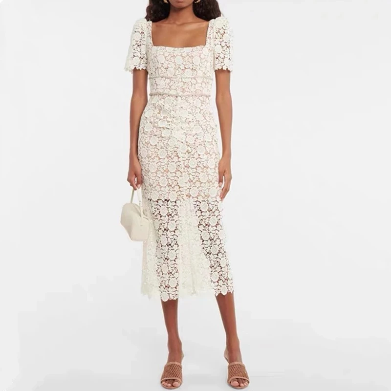 

Summer Casual Square Collar Short Sleeve Long Dresses for Women 2022 Elegant Vintage White Floral Hollow Out Lace Maxi Dress