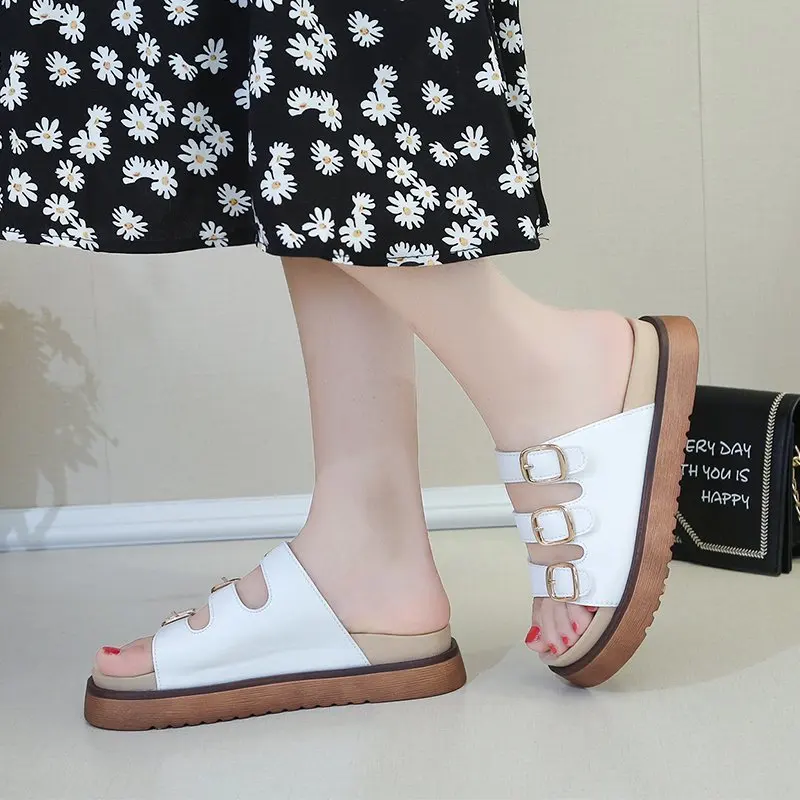 

Summer Ladies Flat Slippers Belt Buckles Decoration Ladies Sandals Ladies Beach PU Slippers Ladies Sandals Ladies Shoes