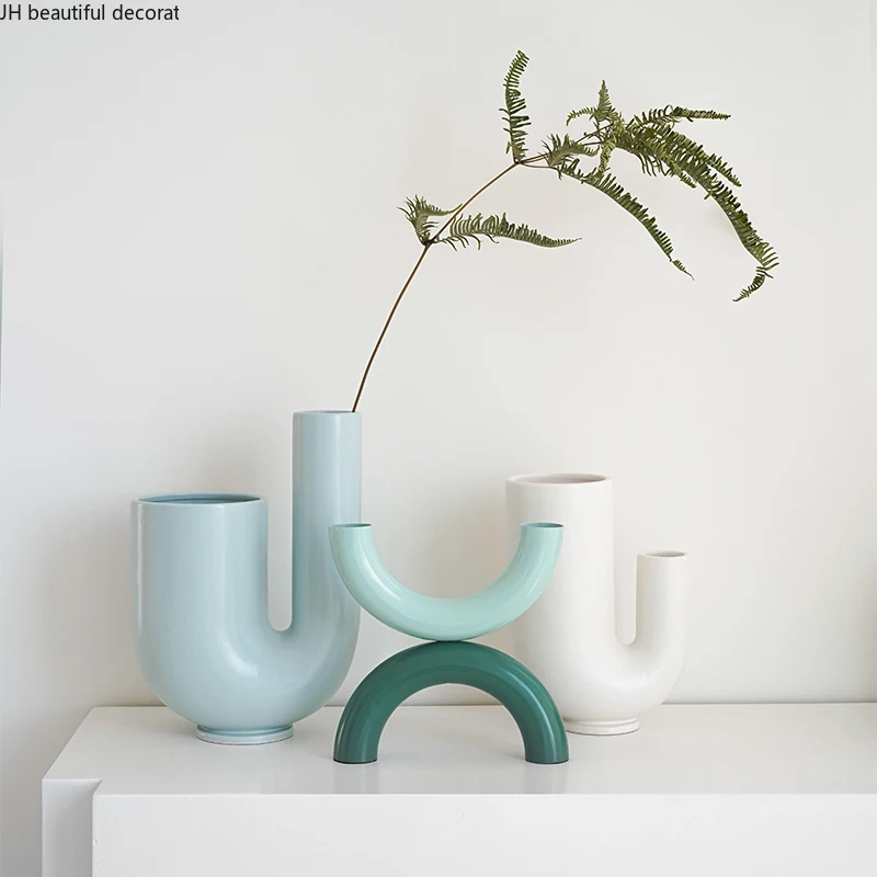 Creative U-shaped Geometric Ceramic Vase Dried Flower Flower Arrangement Accessories Countertop Vase Home Decoration Modern