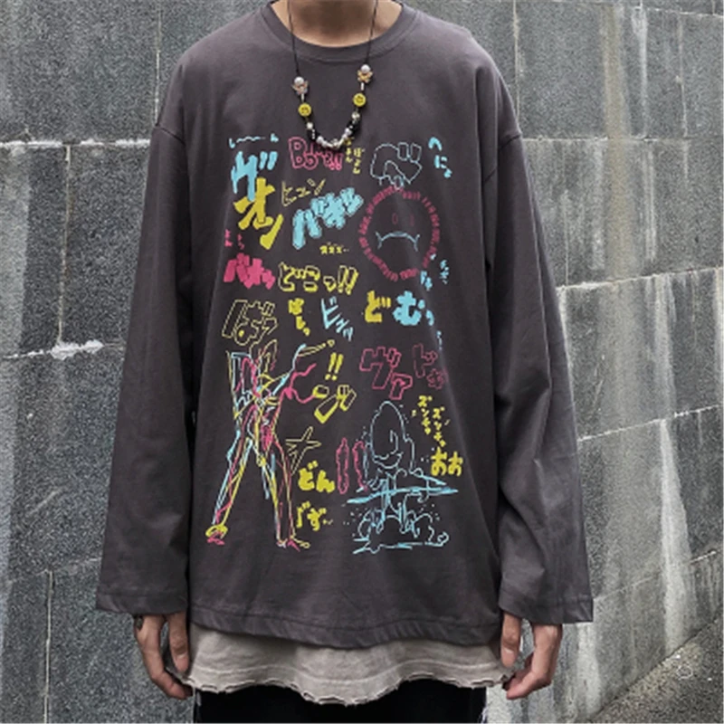 

Hip Hop Men Cotton Tshirt Tops Tees Long Sleeve Cute Graffiti Print High Street Vintage Women T-Shirts Camisetas Hombre