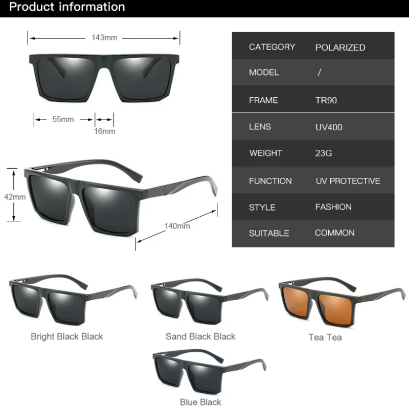 

HBK Polarized Sunglasses Men Women Classic Square Brand Design Male Black Sports Sun Glasses For Men Drive Goggles gafas UV400