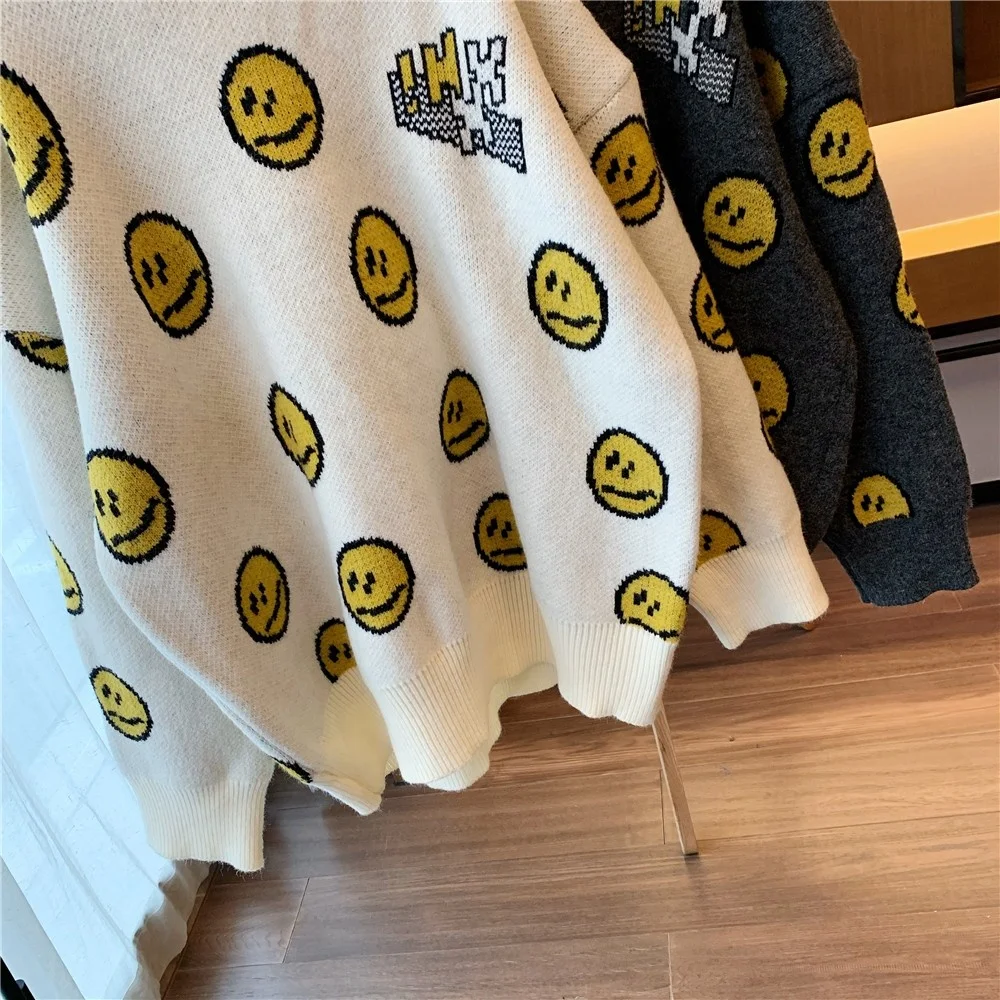 

Juice Snow 2021 Autumn New Smiley Face Loose Knit Sweater Women's Semi-High Round Neck Pullover Sweater Outer Long Sleeve Top