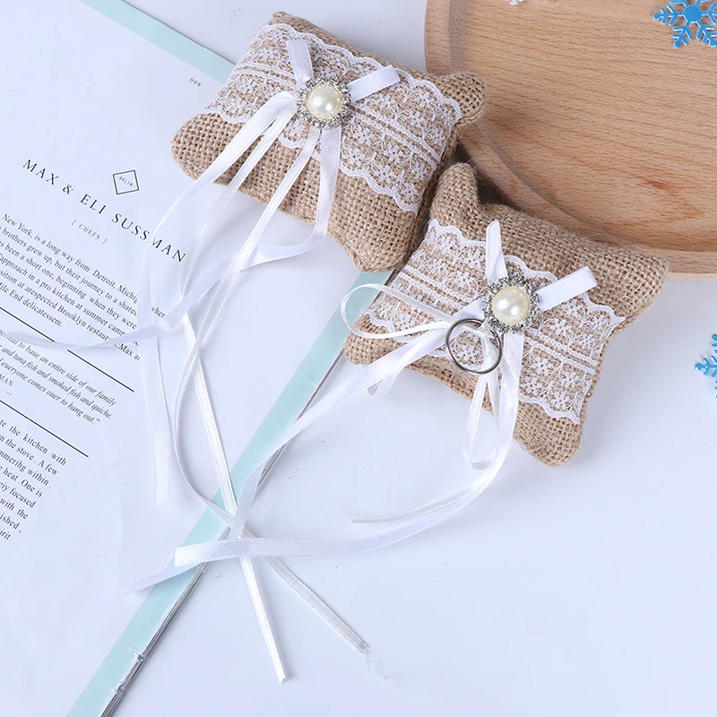 1 шт. кружевной бант кольцо Подушка Свадебная винтажная Мешковина джутовая