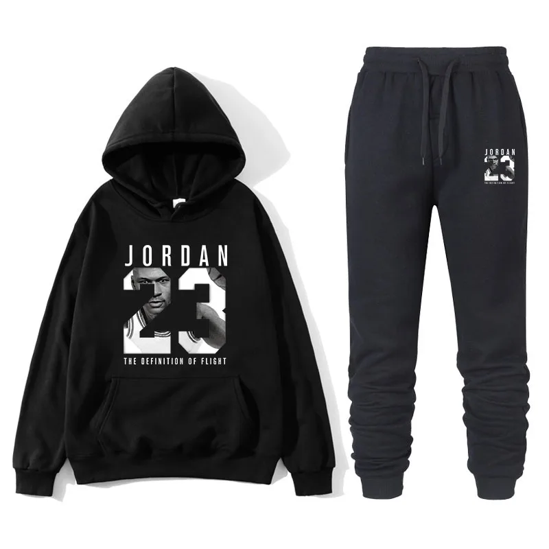 New men's sweater suit 23 sportswear sweater suit fleece hoodie+ sports pants jogging men's and women's sweater 3XL sportswear - Color: black