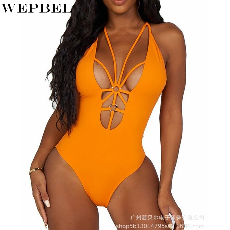 

WEPBEL Bandage Spaghetti Strap Swimsuit Bodysuits Women's Slim Hollow Out One-Piece Suits Summer V-neck Swimming Bodysuits