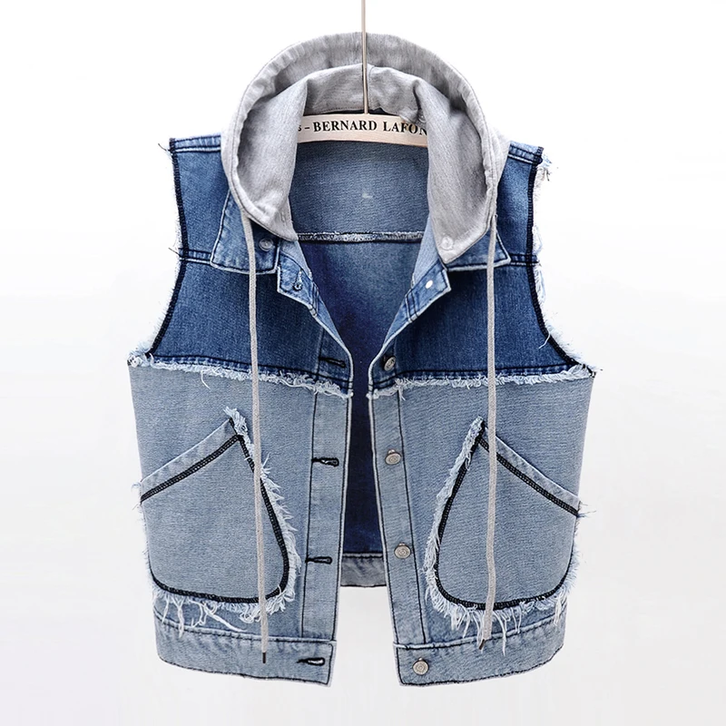 

2020 Spring Autumn Patchwork Denim Vest Jacket Streetwear Detachable Hooded Sleeveless Coat Womens Casual Waistcoats Short Tops