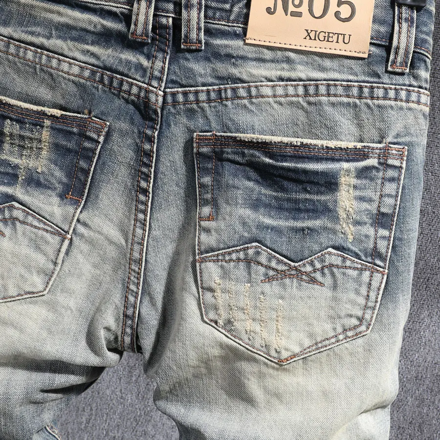 Newly Vintage Fashion Men Jeans High Quality Retro Yellow Blue Slim Fit Ripped Jeans Men Distressed Designer Casual Denim Pants
