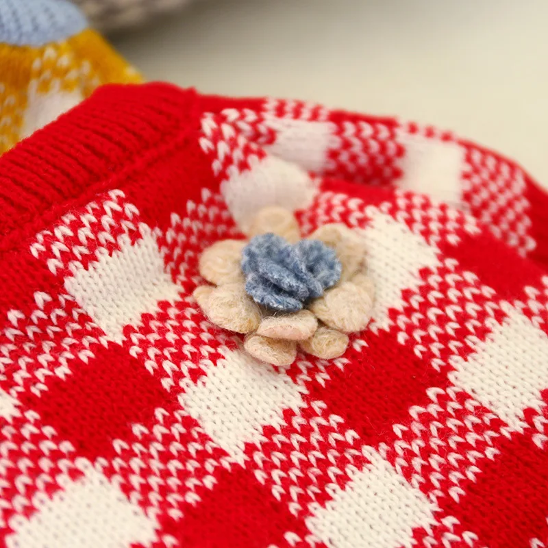 Рождественский свитер с цветочным рисунком для собаки красный желтый вязаный