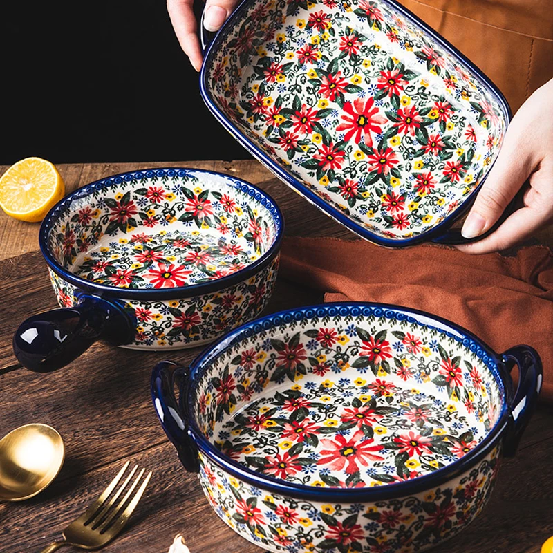

Retro Ceramic Bakeware Household Hand Painted Salad Plate Rice Bowl Binaural Baking Pan Kitchen Tableware Single Handle Bowl