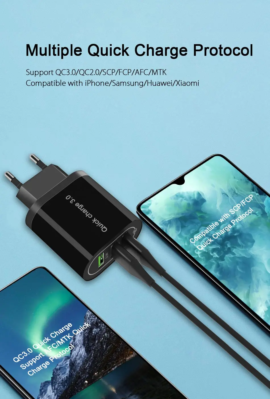 OREY 24W QC 3.0 Fast Charger, 4.8A Max 3 Port USB Charger Adapter Quick Charge 3.0 For Samsung/Xiaomi/Huawei Charger