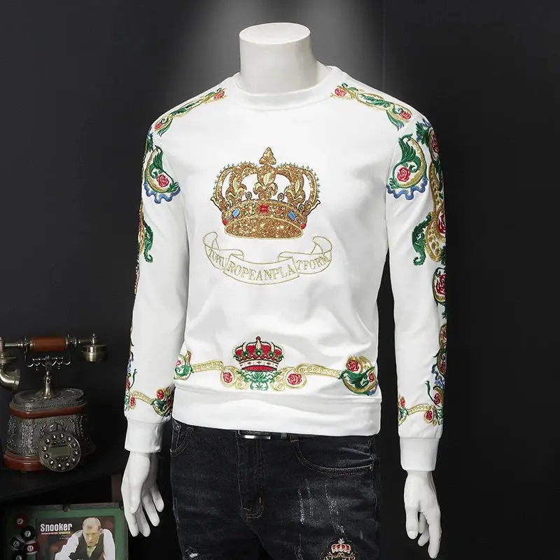 

2021 men's spring and autumn casual crown crew neck long sleeve sweater embroidered bottoming shirt sweatshirt top