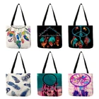 Женская сумка-Ловец снов в богемном стиле, практичная Повседневная офисная Льняная сумка-тоут с принтом в виде перьев, дорожная сумка на плечо для покупок