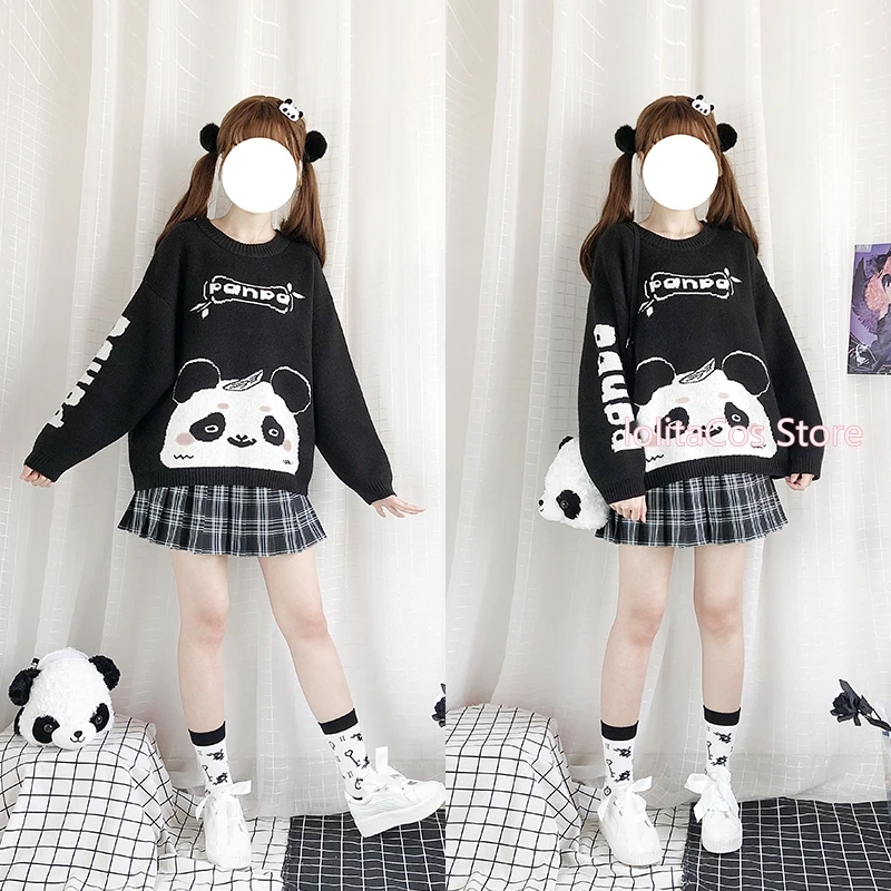 

Original Autumn Winter Mori Girl Panda Graphic Sweater Preppy Style Sweet Lolita Women Black Knitted Pullover Knitwear Coat