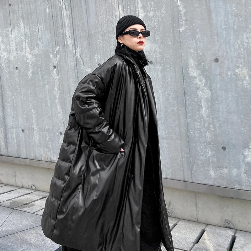 

Fit PU Loose Leather Down Jacket New Stand Collar Long Sleeve Warm Women Parkas Fashion Tide Autumn Winter 2021 1DD1806