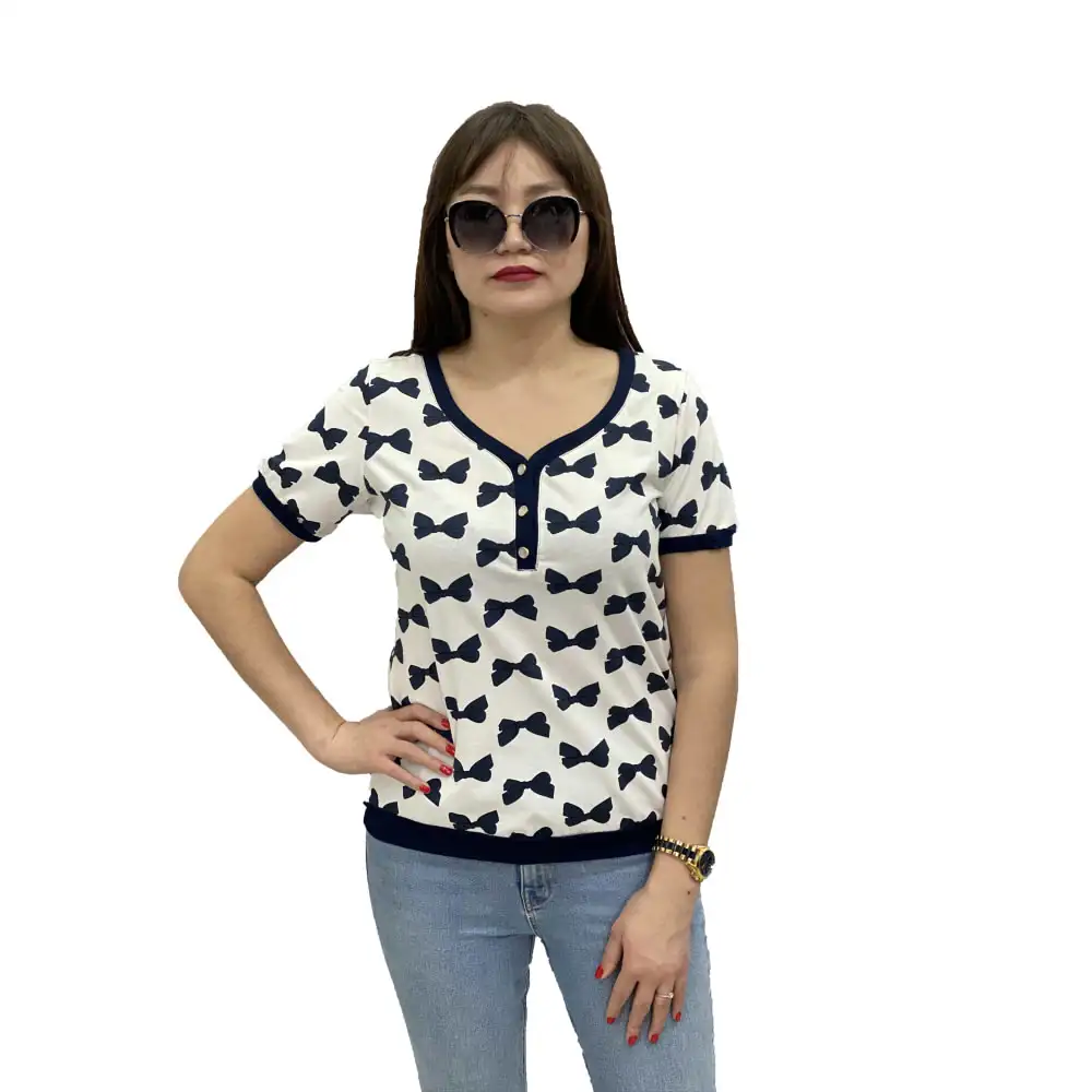 

P&N Women Tops summer plus size V-neck Button short sleeve Bowknot print Breathable casual loose Cotton T Shirt tees F1478-3