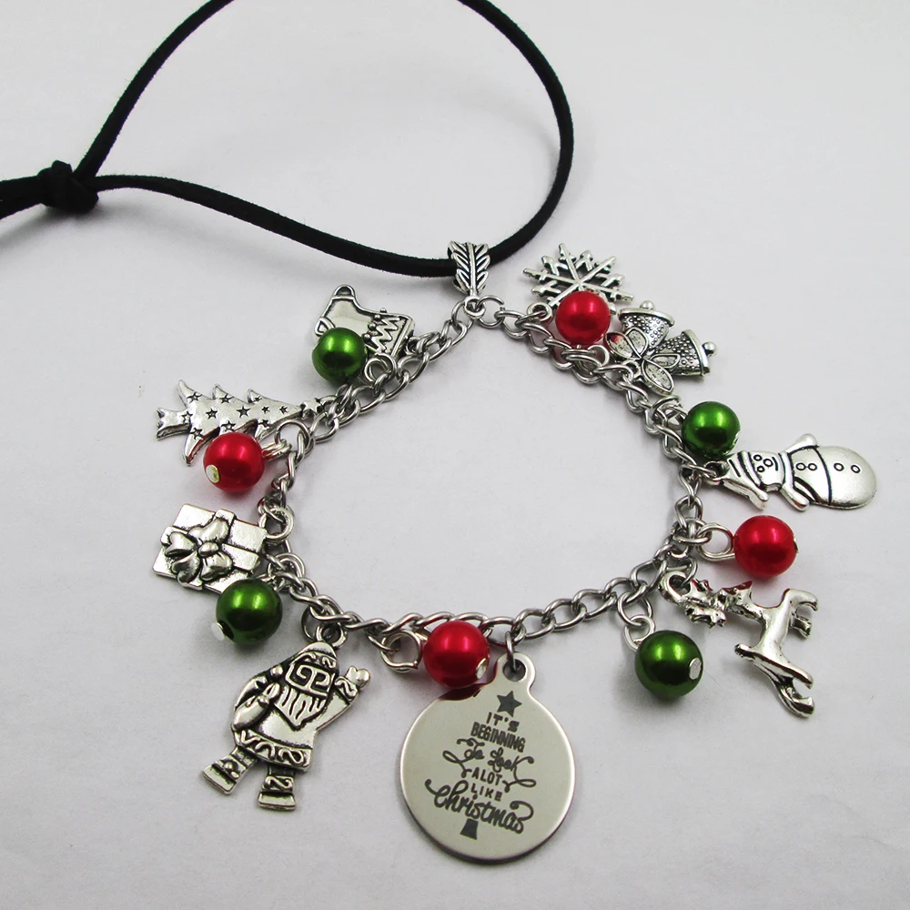 

It's Beginning To Look A Lot Like christmas theme leather stainless steel chain rearview mirror christmas tree decoration