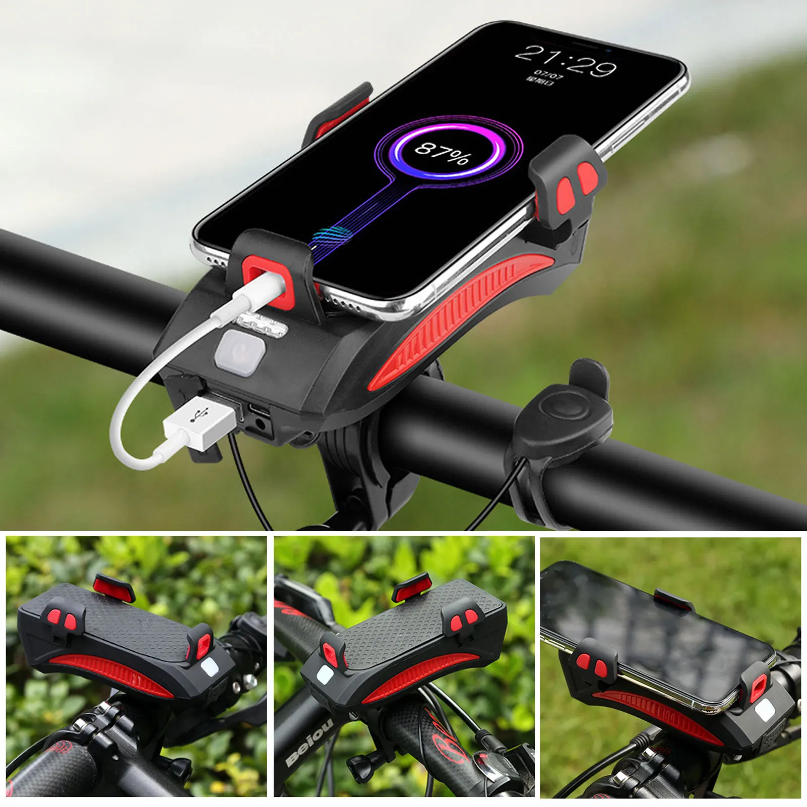 

4 in 1 LED 200/400LM Bicycle Headlight with Power Bank Mobile Phone Rack Holder Alarm Bell Speaker Horn MTB Mountain Bike Light