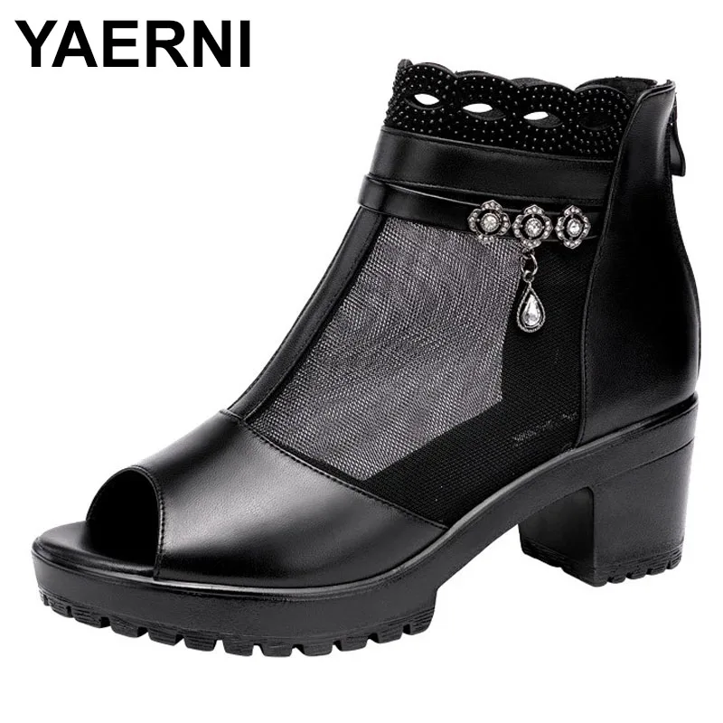 

YAERNI size 32--43 Coarse heel fish mouth gauze cold boots mother sandals Breathable Mesh Medium Heel Boots Women OL Office Foot