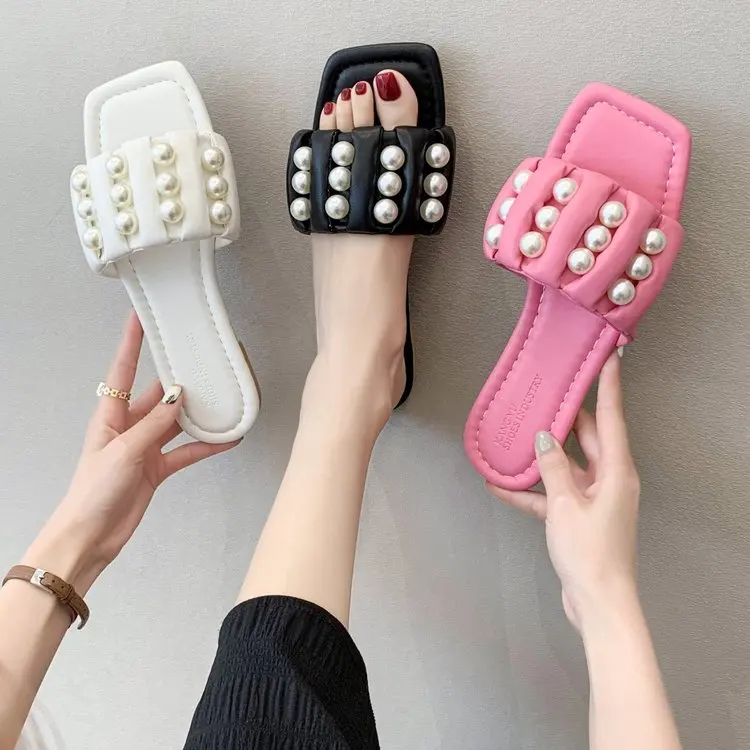 

2021 Women Slippers Shoes Fashion Summer Lasies Slides Flip Flop Female Flat Zapatillas Casa Mujer Sapatos Femininos Pearl