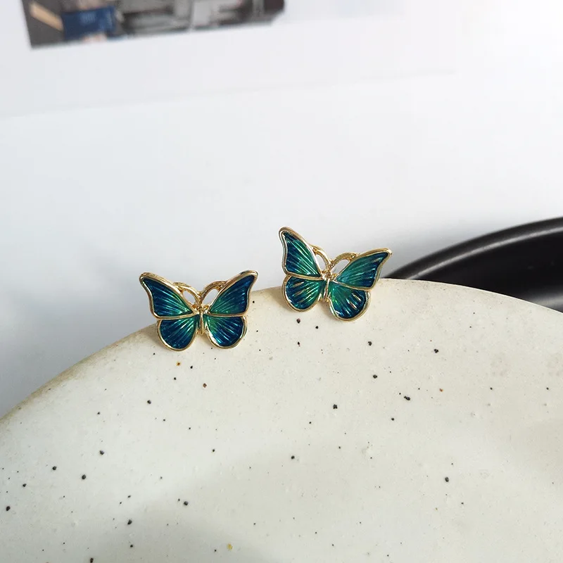 

925 Silver Needle Fairy Fashion Jewelry Green Butterfly Earrings Enamel Stud Earrings Women Jewelry Girl