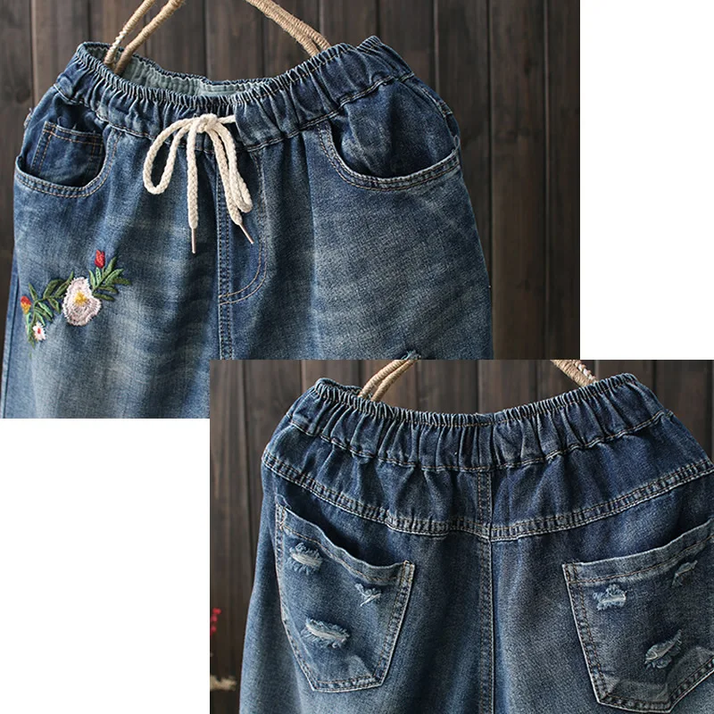 Джинсы женские с цветочной вышивкой винтажные штаны из денима завышенной талией