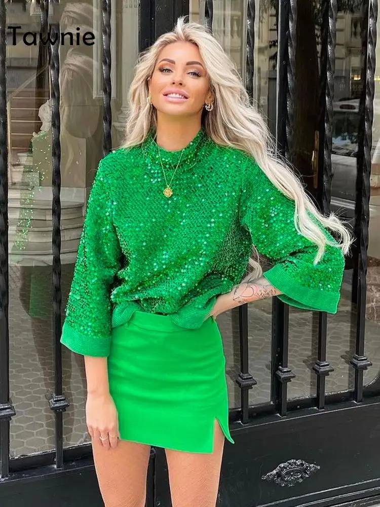 

Tawnie Y2K Green Sequins Shirts 2022 Spring Women Fashion Three Quarter Half High Collar Bright Top Elegant Casual Ladies Tops